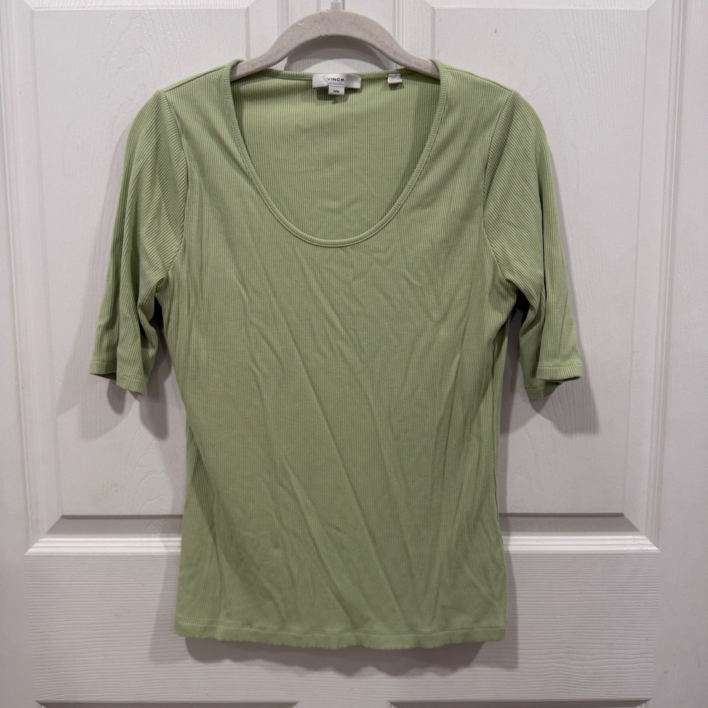 Vince Light Green Ribbed Scoop Neck Elbow Sleeve Top VO27784423 womens M